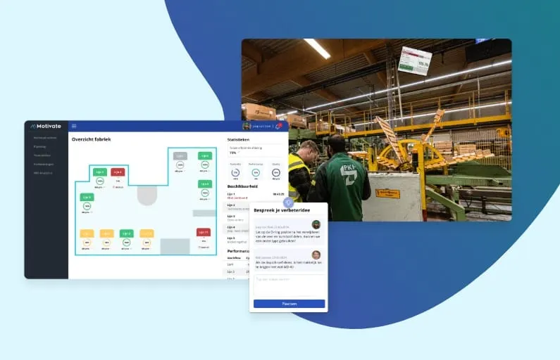 Dashboard met productiedata naast een medewerker op de werkvloer.