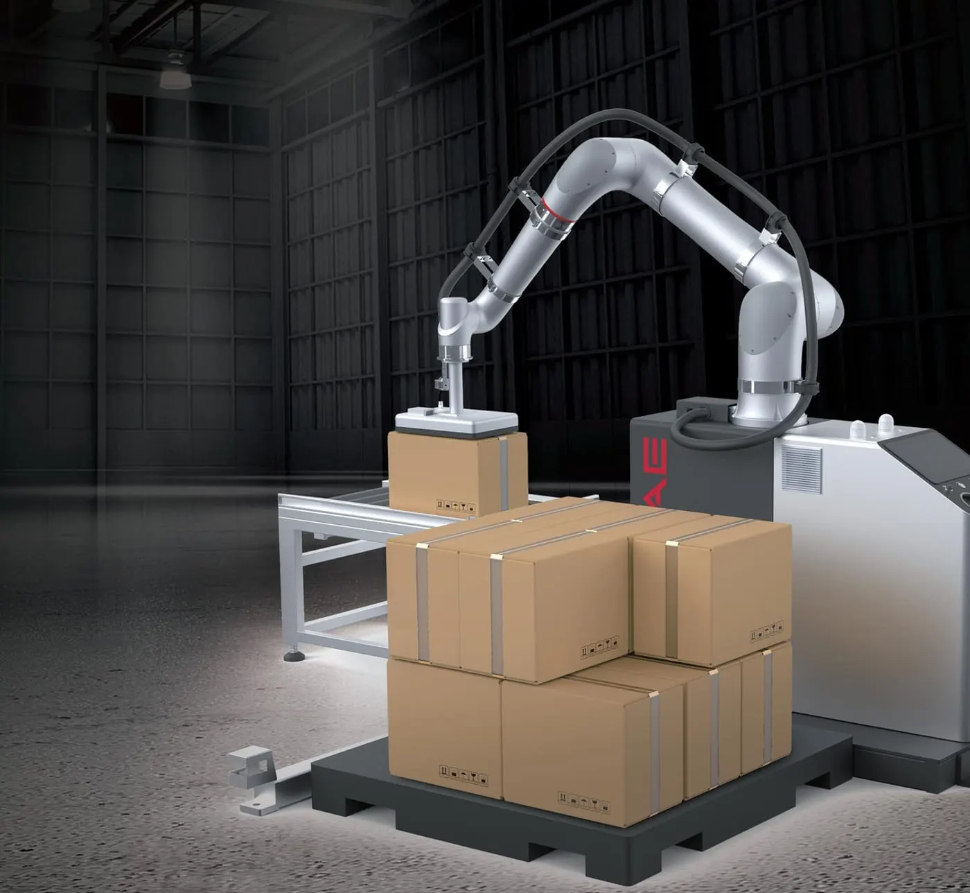 Cobot-palletiseerder met een volle pallet dozen.