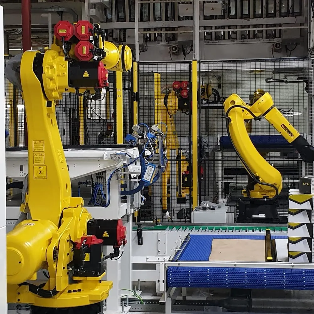 Twee FANUC-palletiseerrobots in een afgeschermde robotcel naast een transportband.